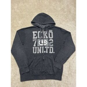 Vintage Ecko Unltd Hoodie Mens Medium Gray White Full Zip Spell Out Logo